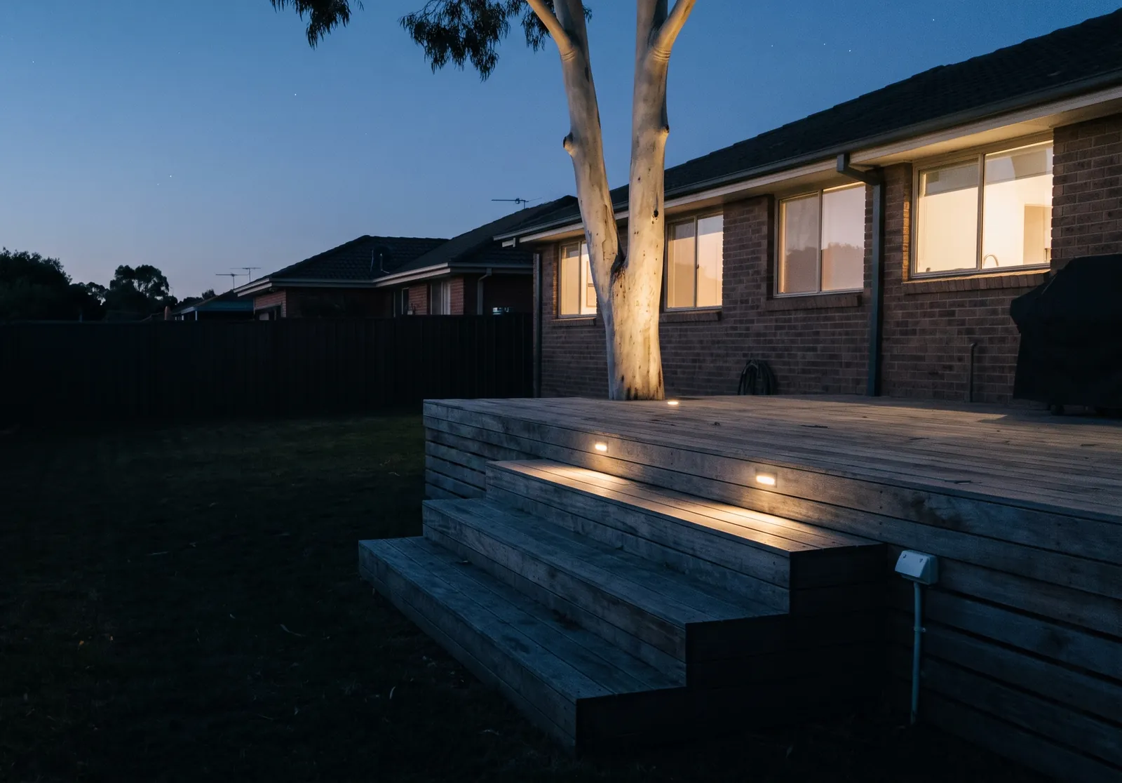 Deck steps with lights set in the treads beside a gum tree at dusk