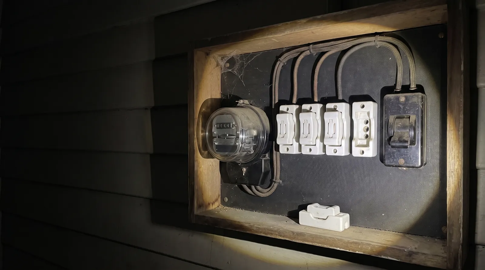 A torch on an old porcelain fuse board with one fuse carrier out on the ledge