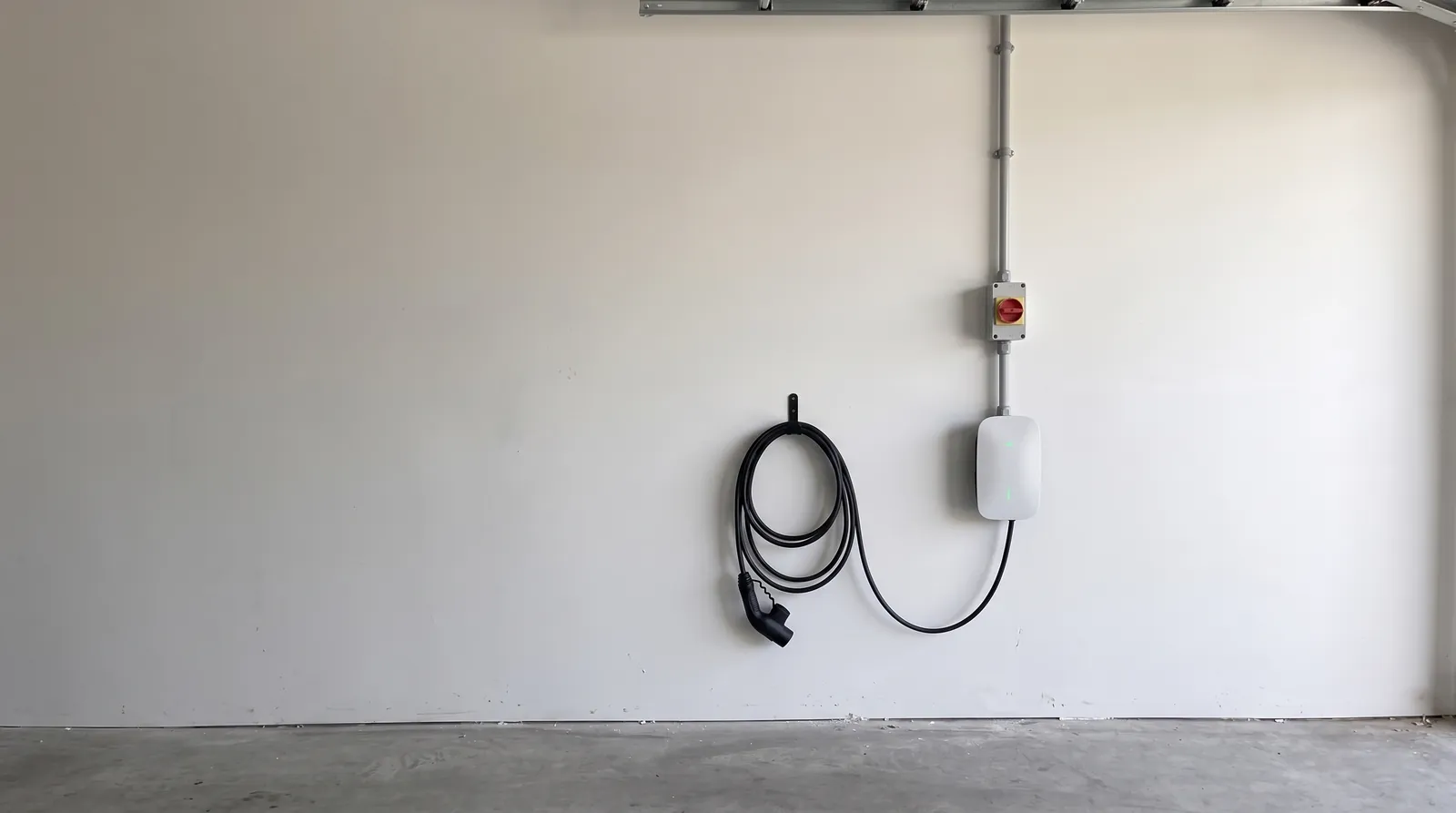 A wall-mounted EV charger in a garage with conduit run down from an isolator