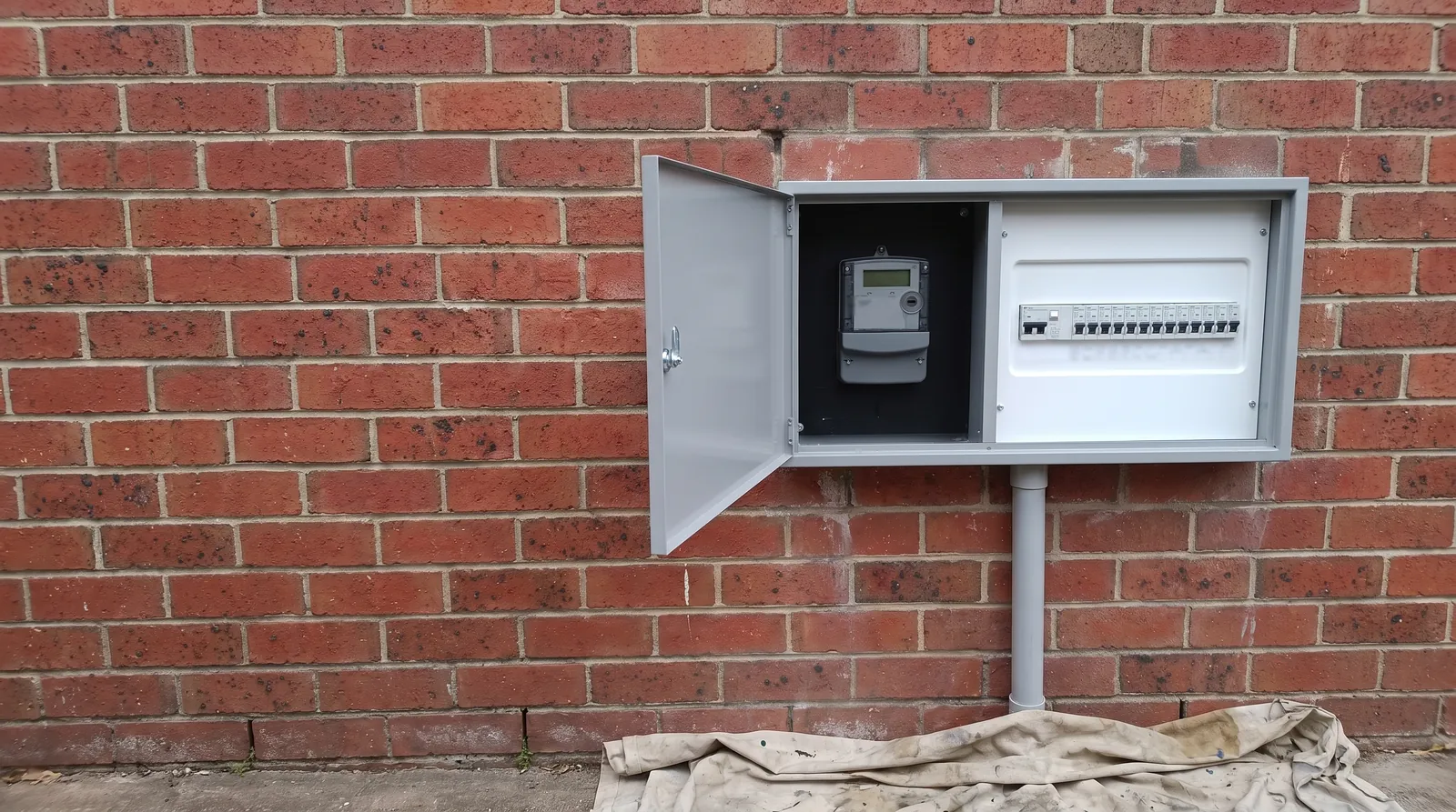 An open switchboard on a brick wall with a row of safety switches beside a smart meter