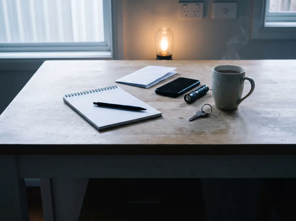 A notepad, pen, phone and torch on a kitchen table